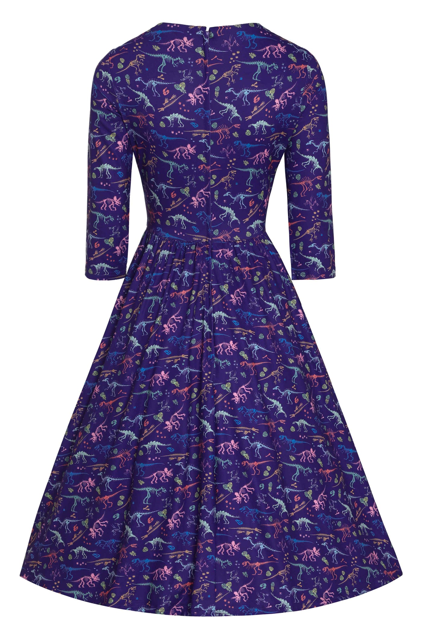 Back view of Dinosaur Fossil Print Dress in Purple