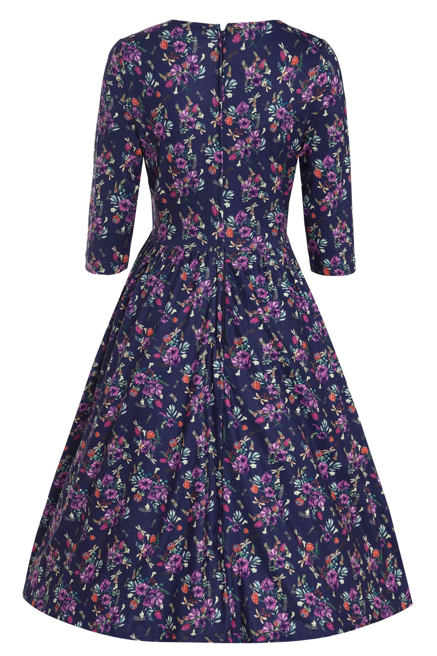 Back view of Dragonfly and Floral Print Long Sleeved Dress in Purple