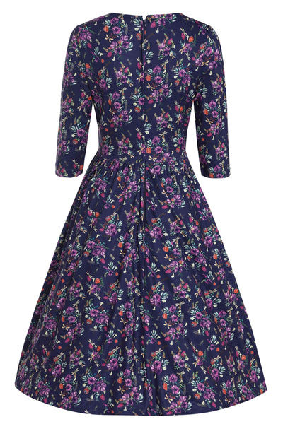 Back view of Dragonfly and Floral Print Long Sleeved Dress in Purple