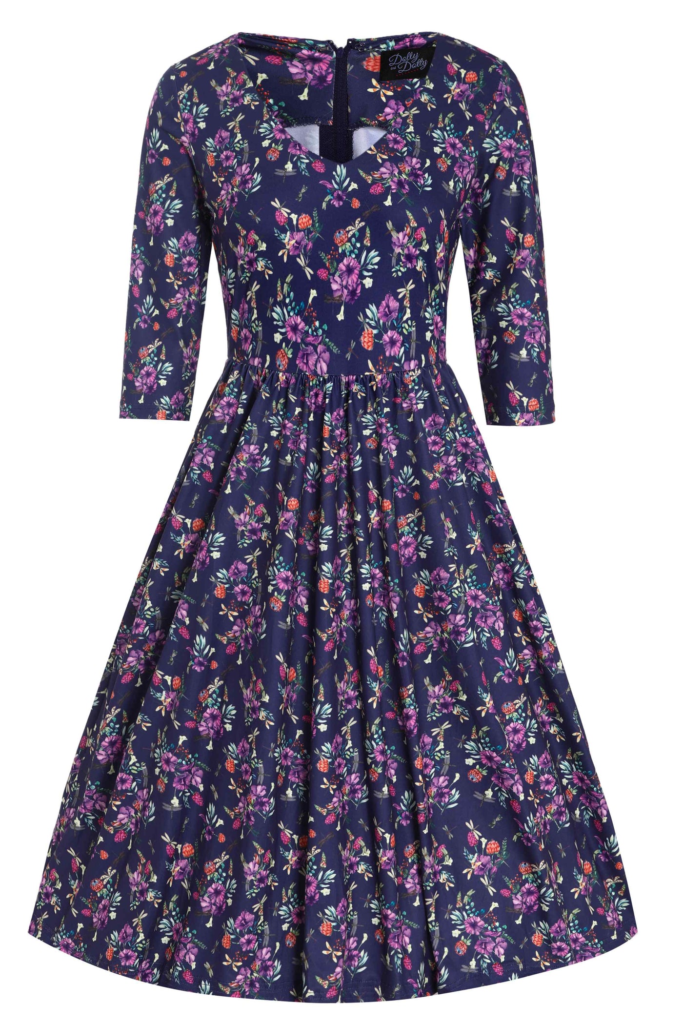 Front view of Dragonfly and Floral Print Long Sleeved Dress in Purple