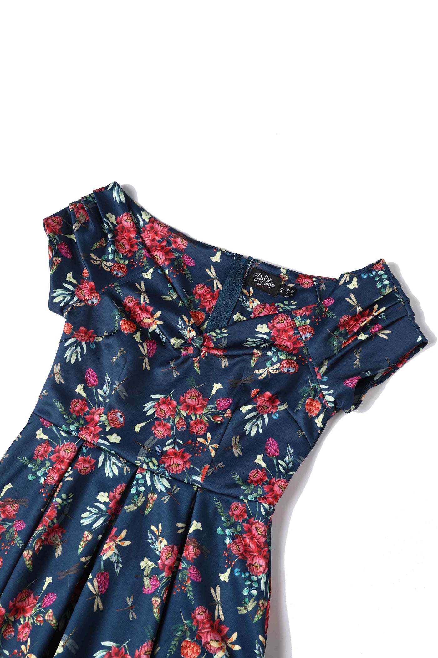 Close up view of Floral Dragonfly Print Off-Shoulder Dress in Navy Blue