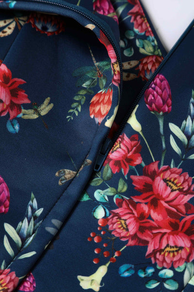 Close up view of Floral Dragonfly Print Off-Shoulder Dress in Navy Blue