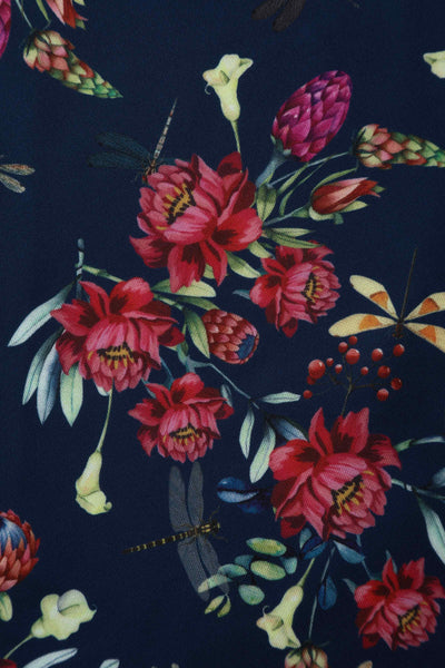 Close up view of Floral Dragonfly Print Off-Shoulder Dress in Navy Blue