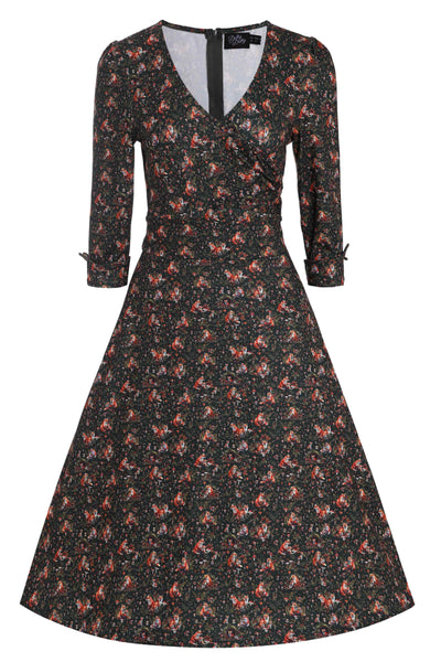 Front View of Fox Den Print Long Sleeved Swing Dress in Dark Green