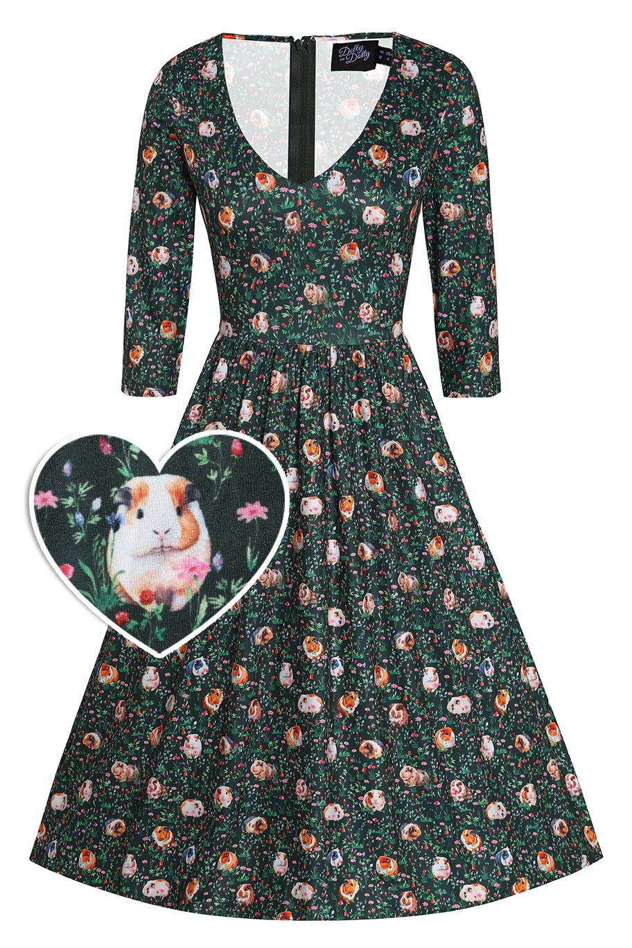 Front View of Guinea Pig Print Dress in Green