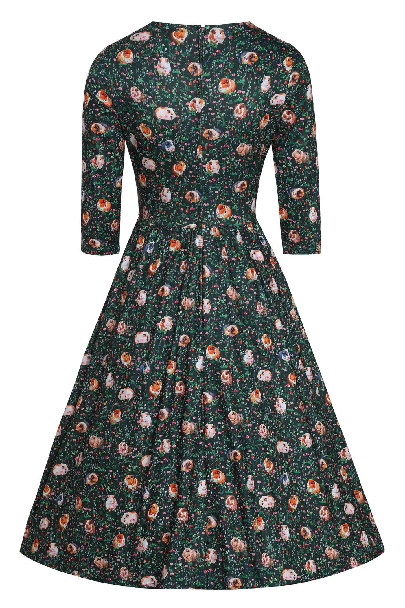 Back view of View of Guinea Pig Print Dress in Green
