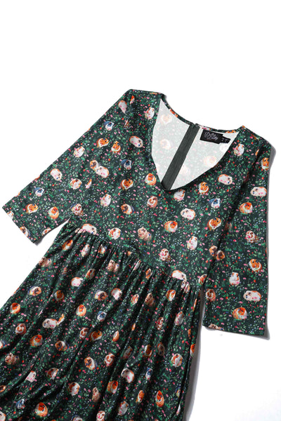 Close up View of Guinea Pig Print Dress in Green