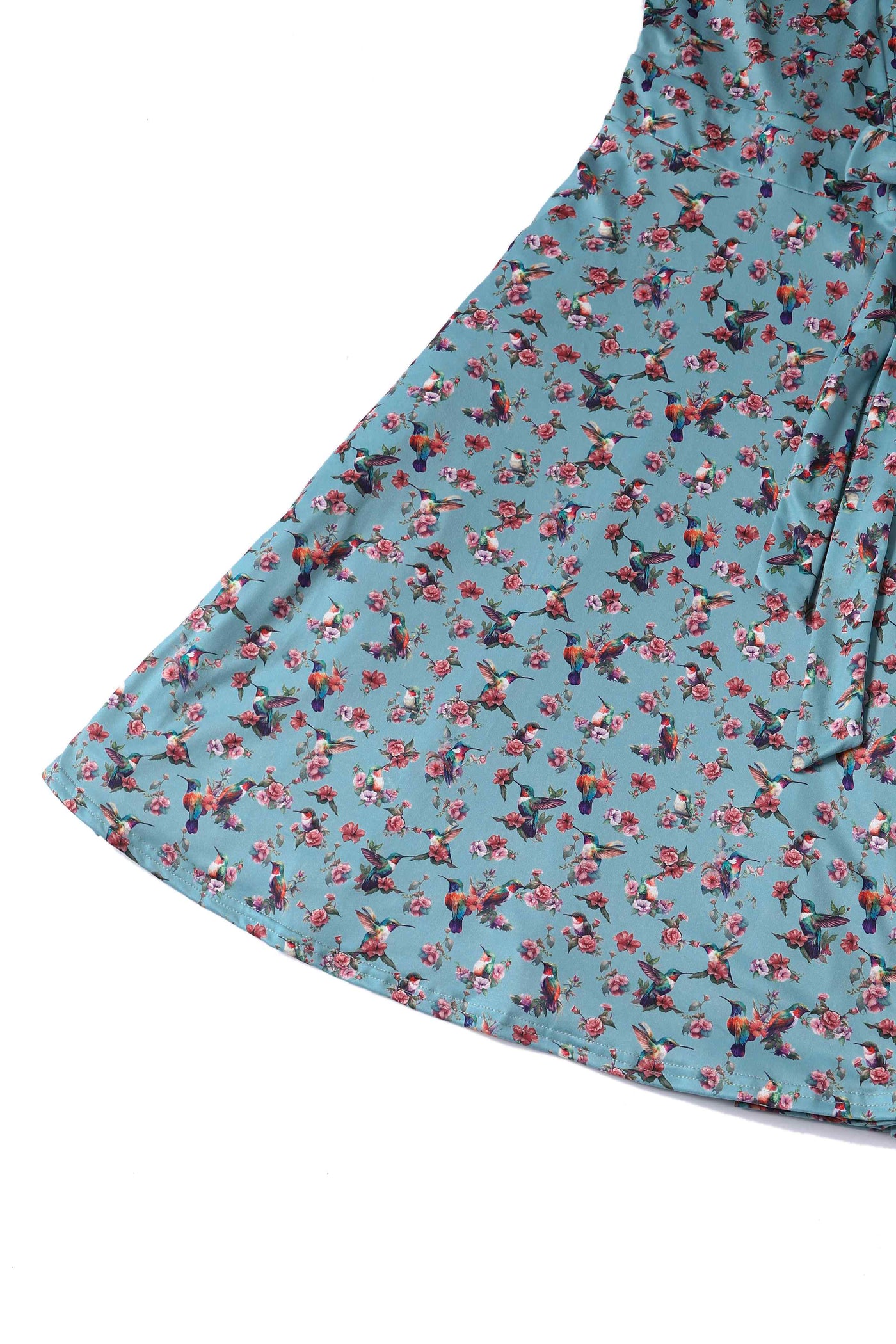 Close up View of Hummingbird Blue Wrap Dress