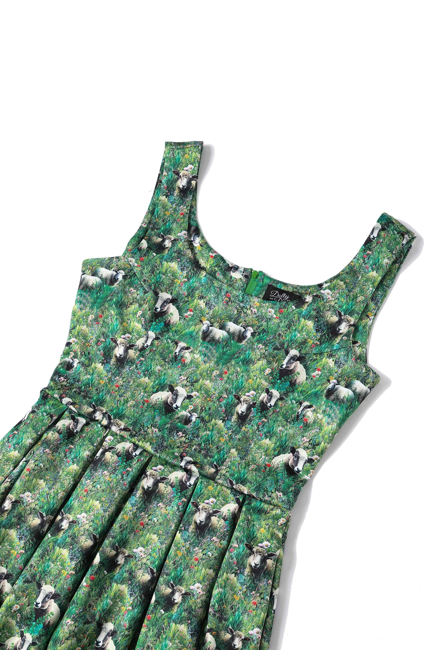 Lambs and sheep in the field print swing dress