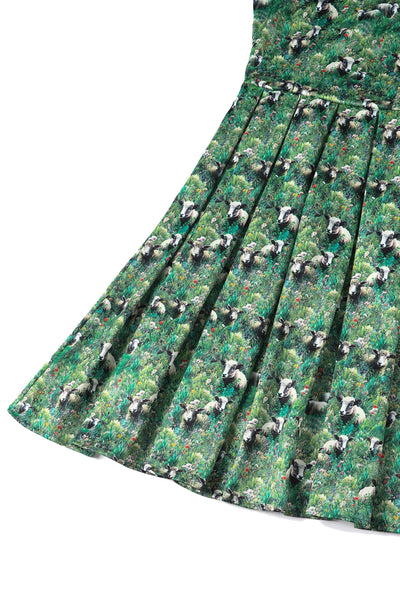 Lambs and sheep in the field print swing dress