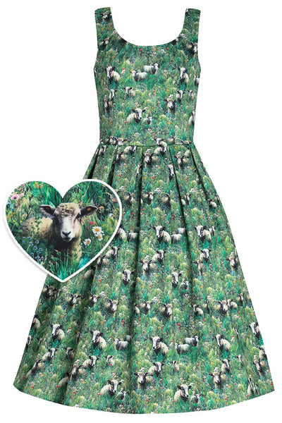 Lambs and sheep in the field print swing dress