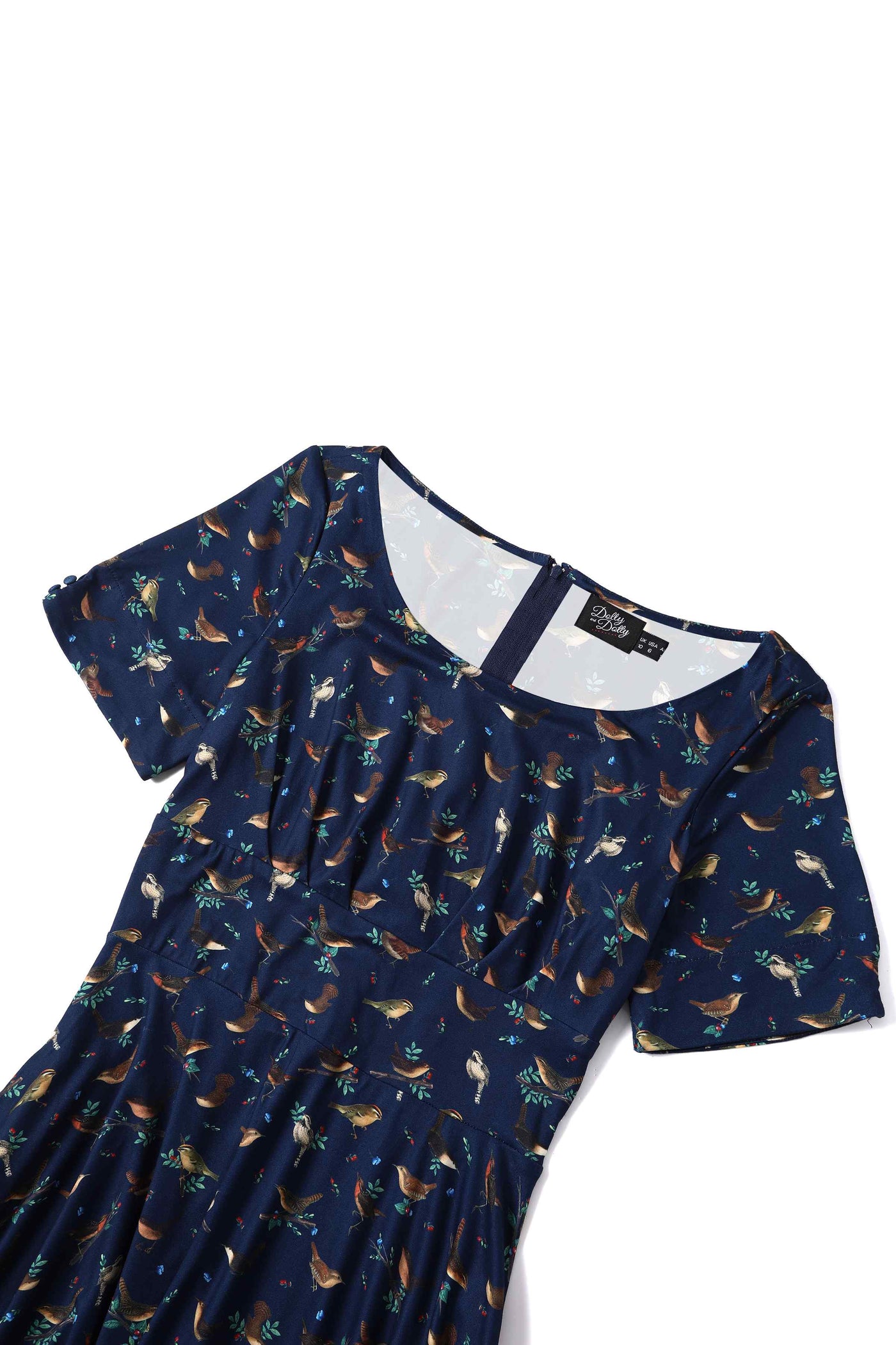 Close up view of navy blue bird print sleeved swing dress