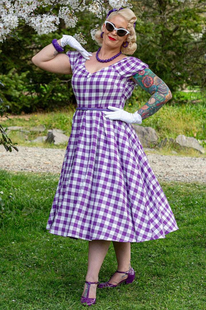 Lily Off Shoulder Summer Purple Gingham Dress