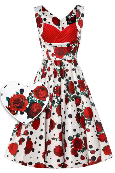 Rockabilly Red Rose Pleated Bust Dress