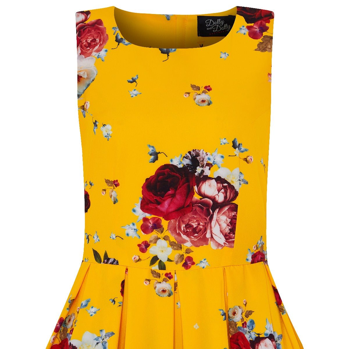 Annie Retro Swing Dress in Yellow/Red Rose Bunch Print