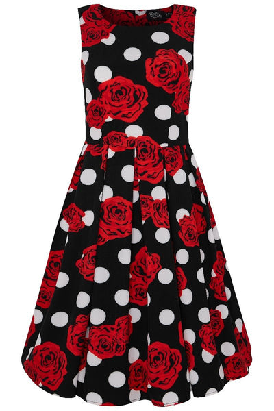 Annie Retro Polka Dots Swing Dress in Black with White Dots and Red Roses