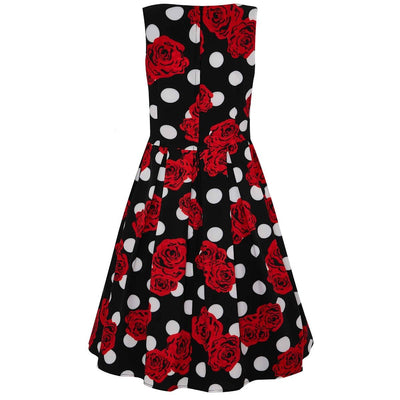 Retro Inspired Swing Tea Dress Black Polka Dots & Red Roses