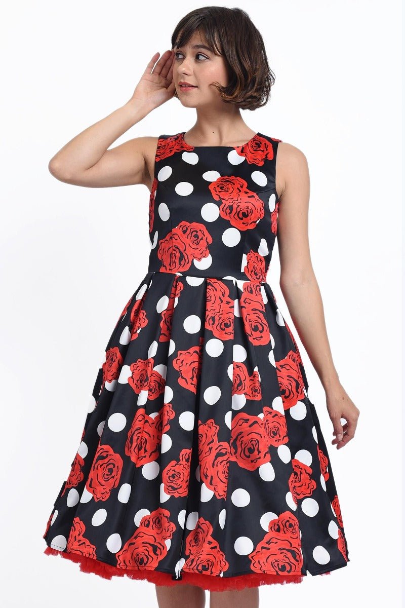 Retro Inspired Swing Tea Dress Black Polka Dots & Red Roses