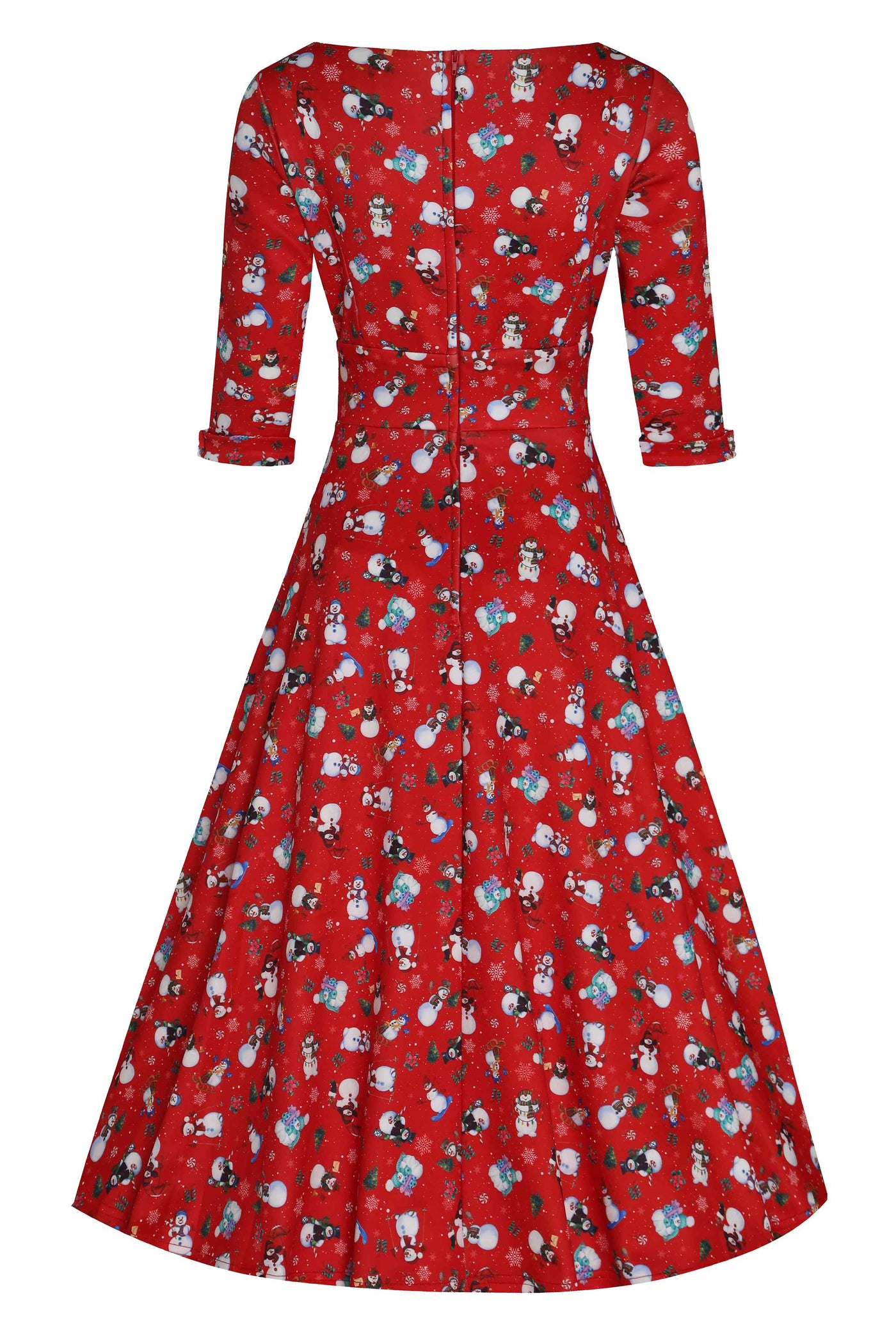 Back view of Snowman print Midi Dress in red