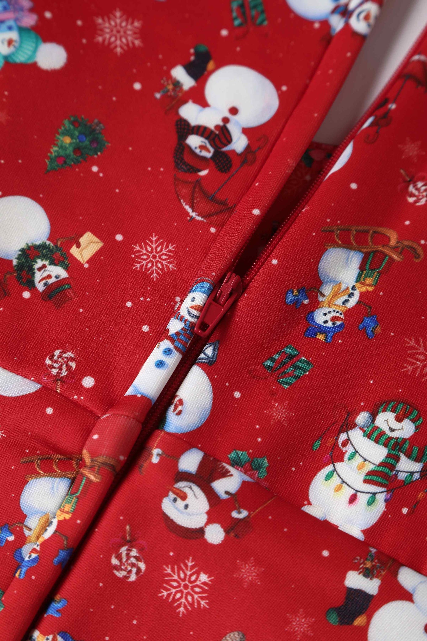 Close up view of Snowman print Midi Dress in red