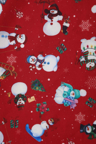 Close up view of Snowman print Midi Dress in red