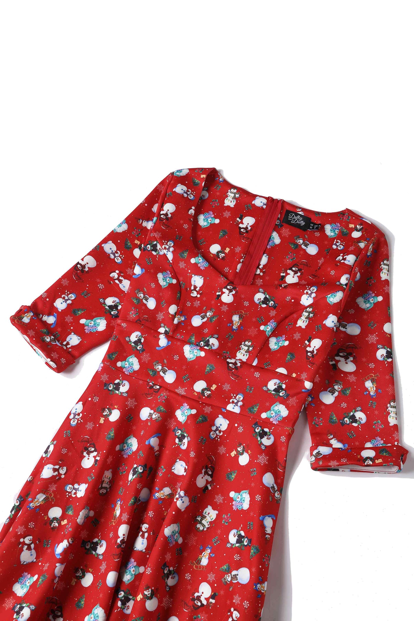 Close up view of Snowman print Midi Dress in red