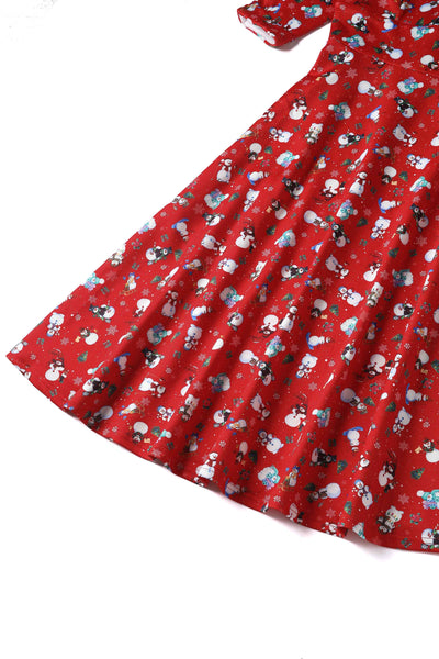 Close up view of Snowman print Midi Dress in red