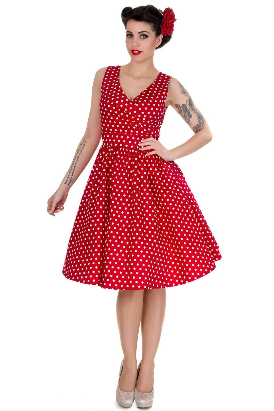 Classic Red & White Polka Dot V Neck Swing Dress