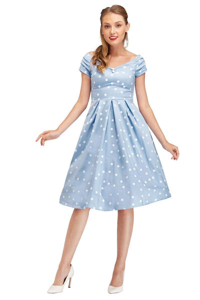 Lily Off-Shoulder Polka Dot Evening Dress in Baby Blue/White