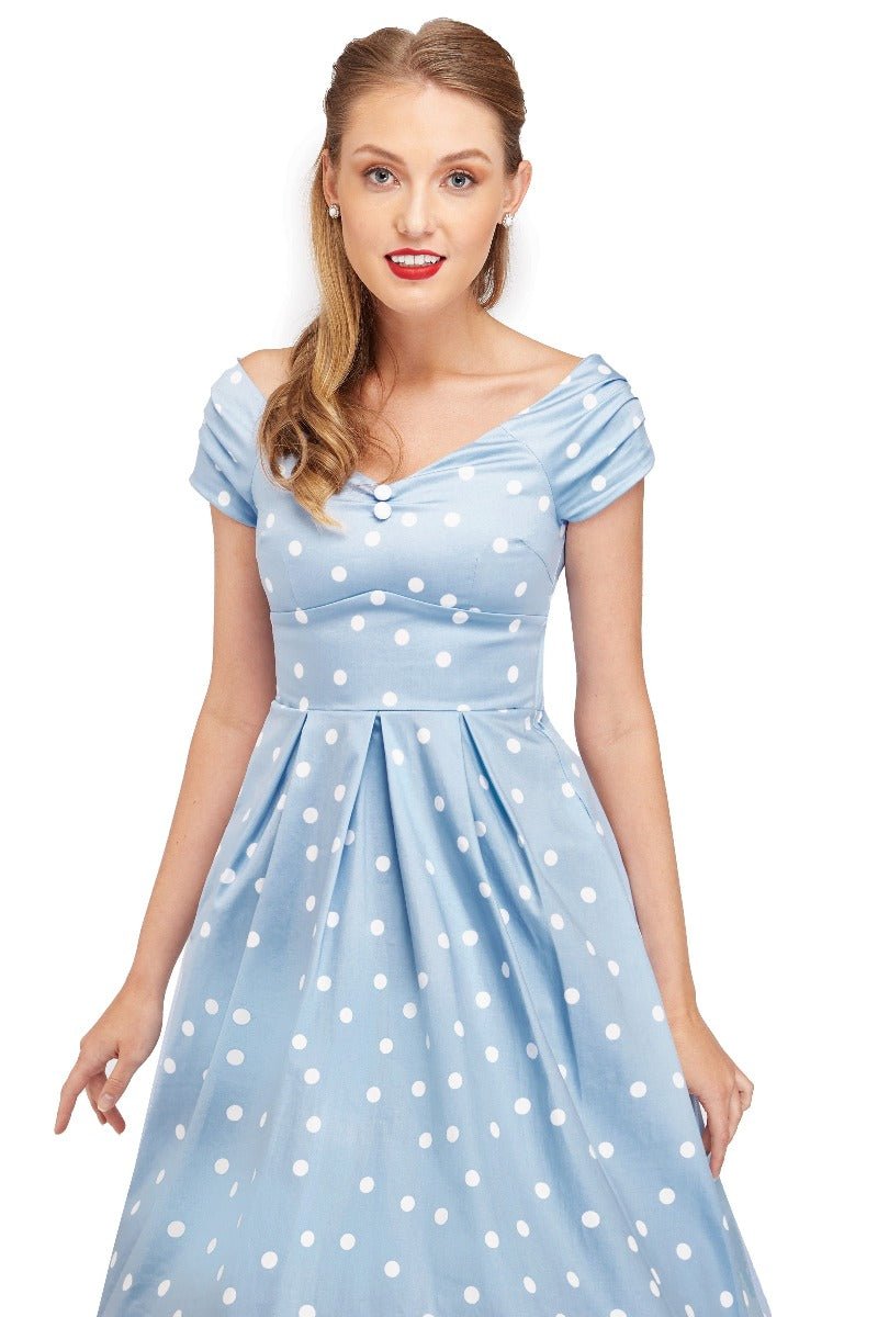 Lily Off-Shoulder Polka Dot Evening Dress in Baby Blue/White