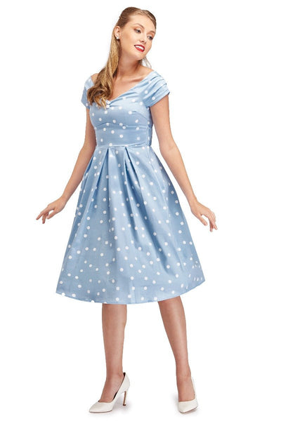 Lily Off-Shoulder Polka Dot Evening Dress in Baby Blue/White