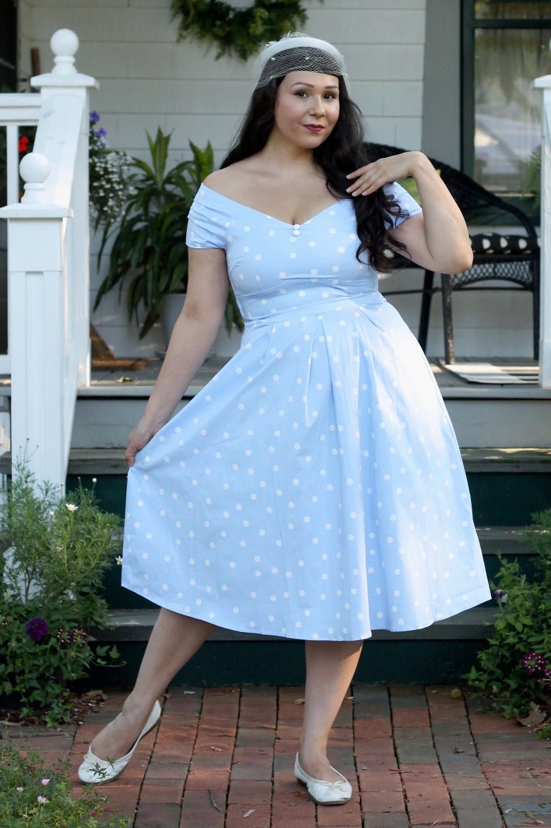 Lily Off-Shoulder Polka Dot Evening Dress in Baby Blue/White