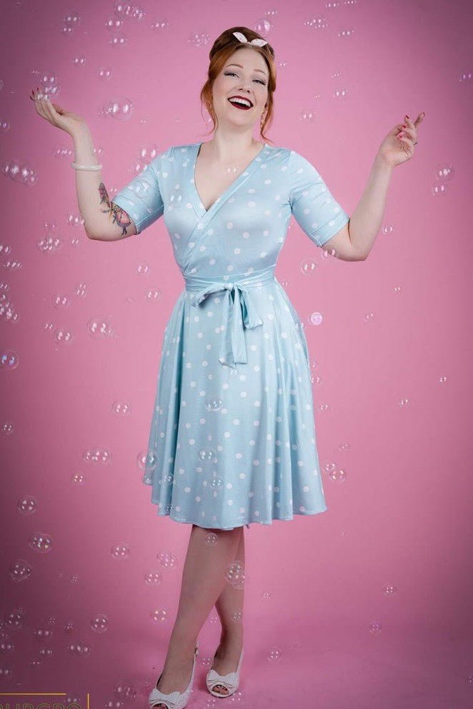 Light blue polka 2025 dot wrap dress