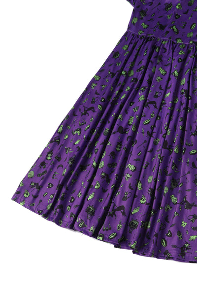 Close up View of Wizard and Witch Long Sleeved Swing Dress in Purple