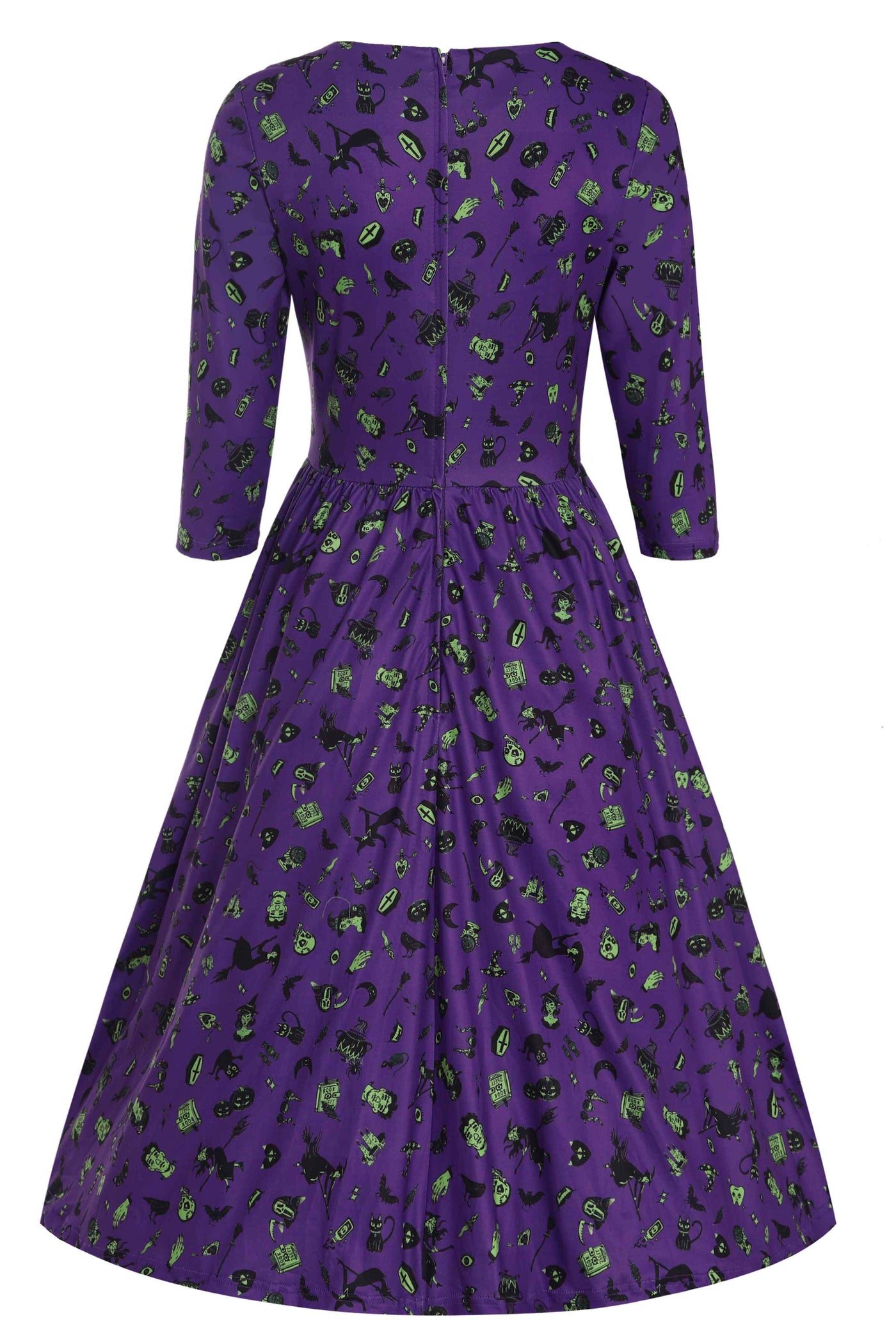 Back View of Wizard and Witch Long Sleeved Swing Dress in Purple