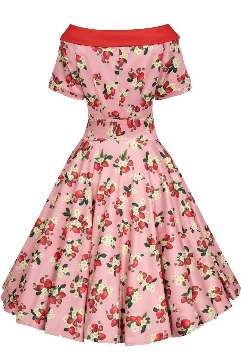 Darlene Pink Strawberry Floral 50's Flared Dress - Dolly and Dotty